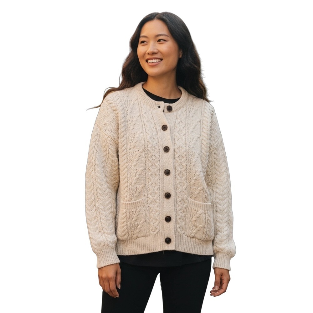 VTG British Wool Chunky Oversize Wool Cable Knit Cardigan Sweater Sz S Ivory